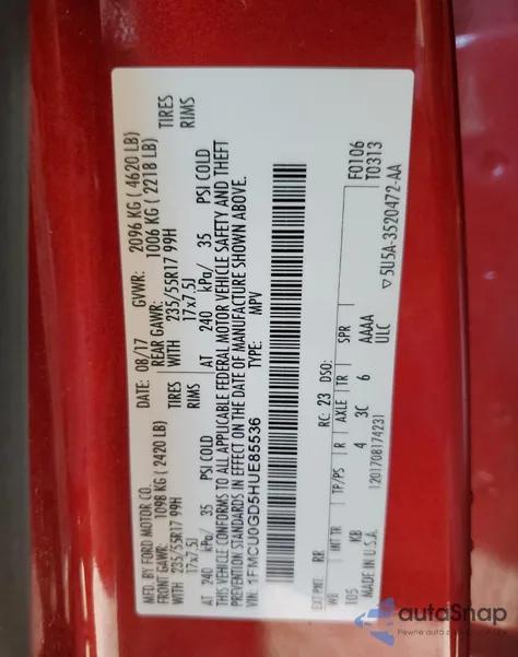 2017 Ford Escape Se from USA, damaged, VIN 1FMCU0GD5HUE85536